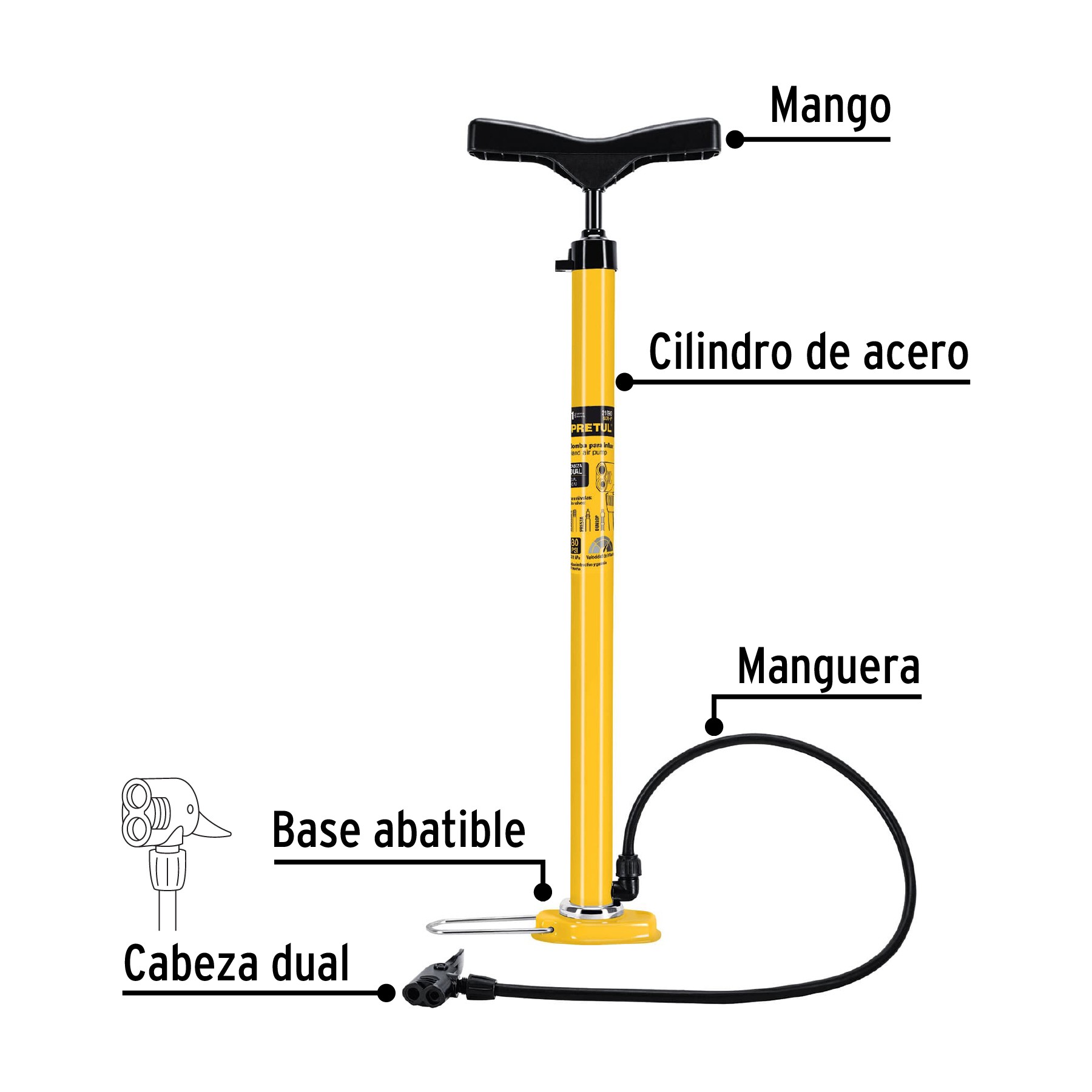 Bomba manual para inflar, 80 PSI, Pretul, Bombas De Pedal, 21690