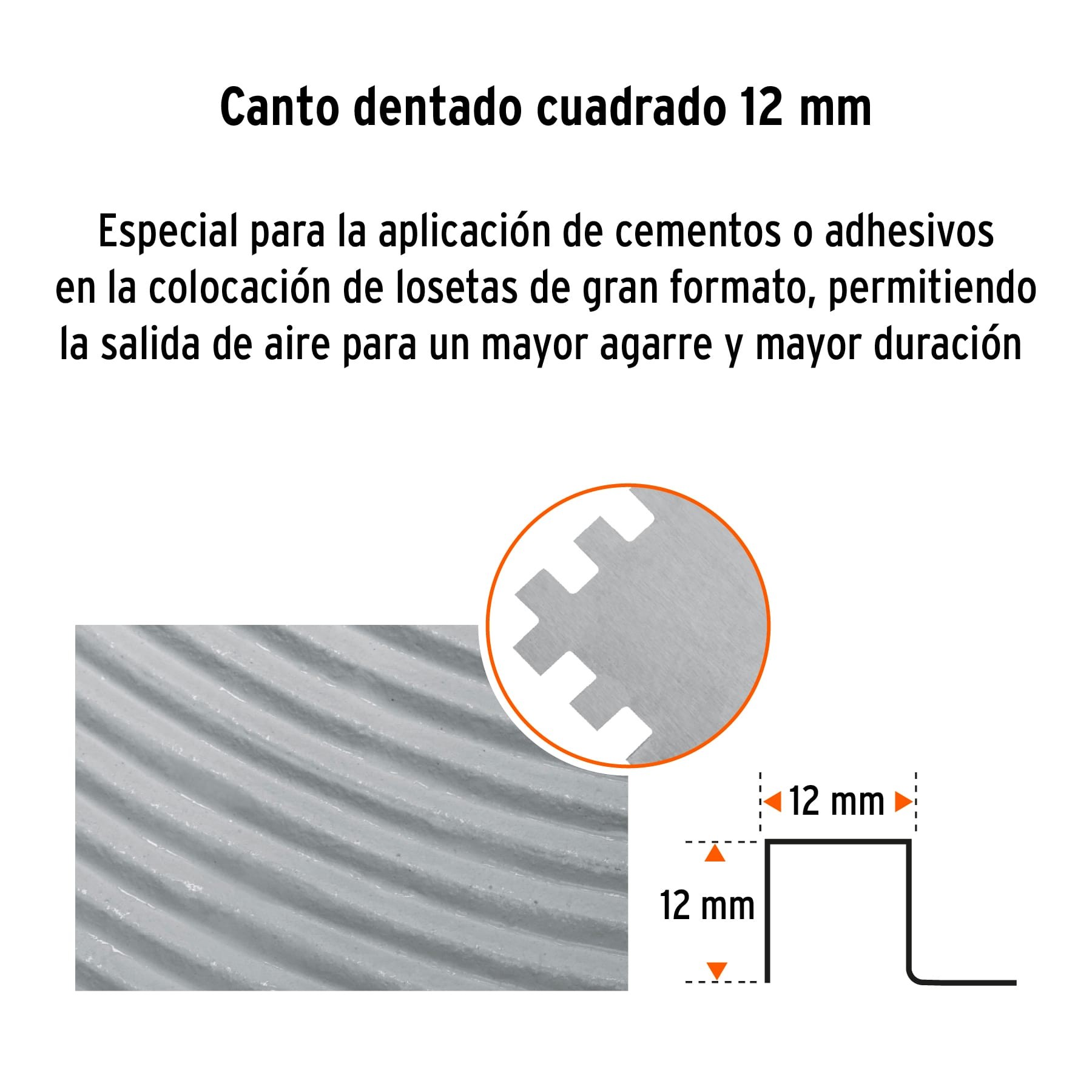 Llana dentada 130 x 270 mm. Dientes 6x6 mm.