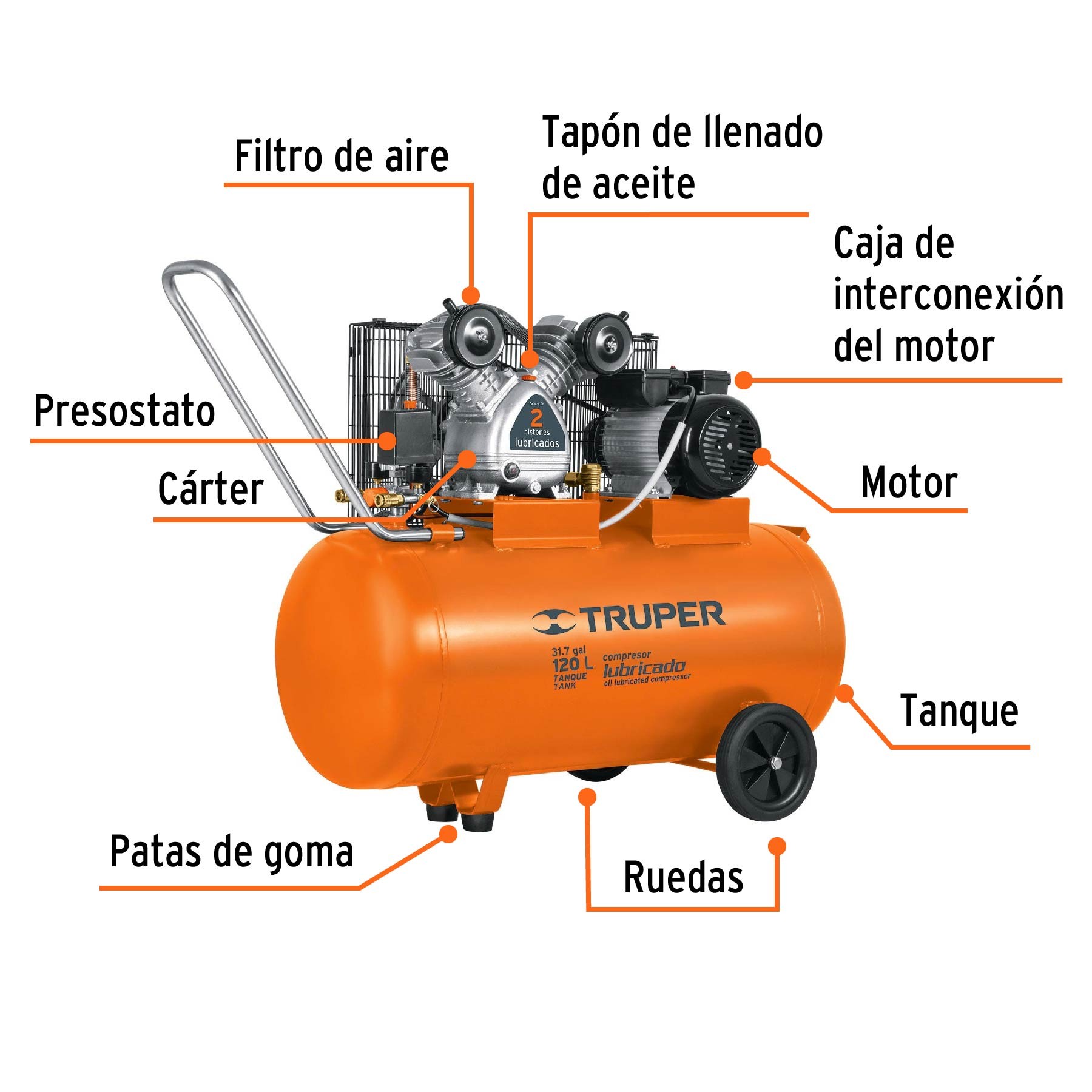 Compresor de aire,con banda,horizontal 120L 4HP, 220V Truper, Compresores  Lubricados De Banda 220V, 19359